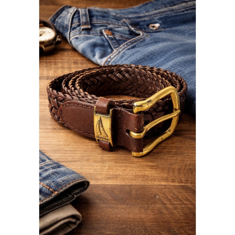 Nautica Mens Braided Leather Belt Brass Buckle‎ Size 36 Brown